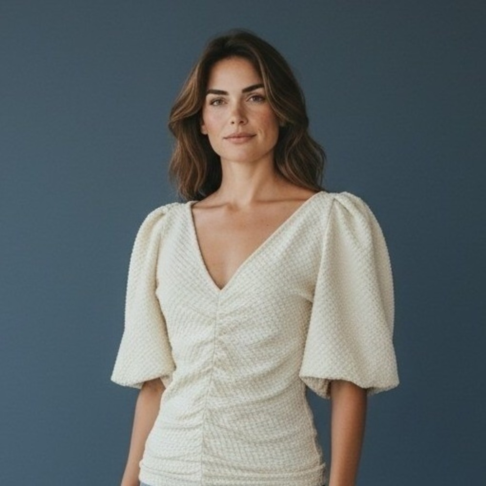 Free People Ivory Textured Ruched V-Neck Puff‎ Sleeve Top  Small NWT Cottage